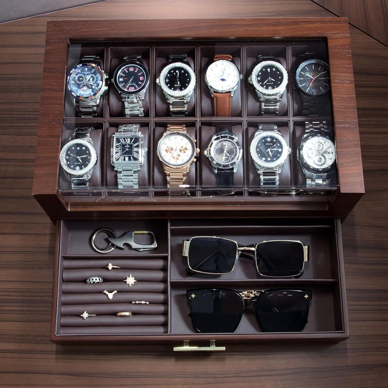 KAMIER High End Watch Box for Men, 12 Slot Wooden Watch Case With Drawer, Watch Display Box with Glass Lid, 2-Layer Watch Holder for Jewelry and Watch Storage for Men Women , Ideal for Gift (With Gift Box) - Image 4